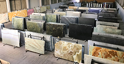 Natural stone slabs, tiles and blocks from Turkey in a showroom setting